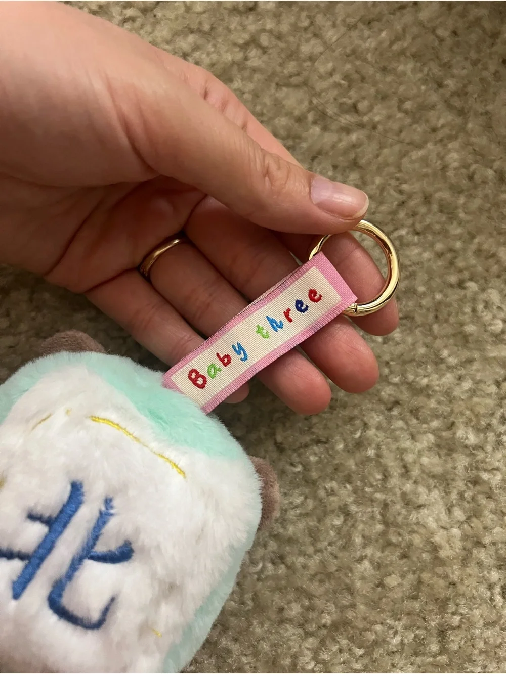 Kawaii Baby Three Plush Keychain Charm in Mint & White